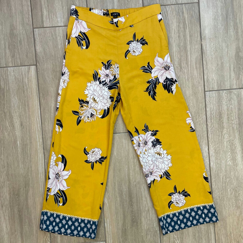 LOFT Women’s S Yellow Floral Crop Pants Viscose Pull-On Wide Leg Boho Summer